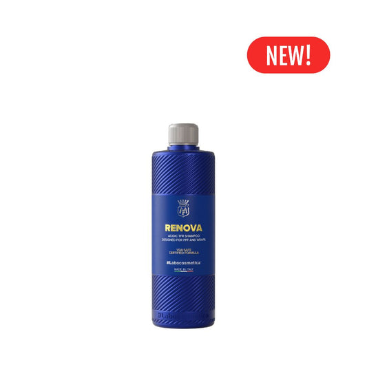 Blue bottle of Renova with a 'New!' label on a white background