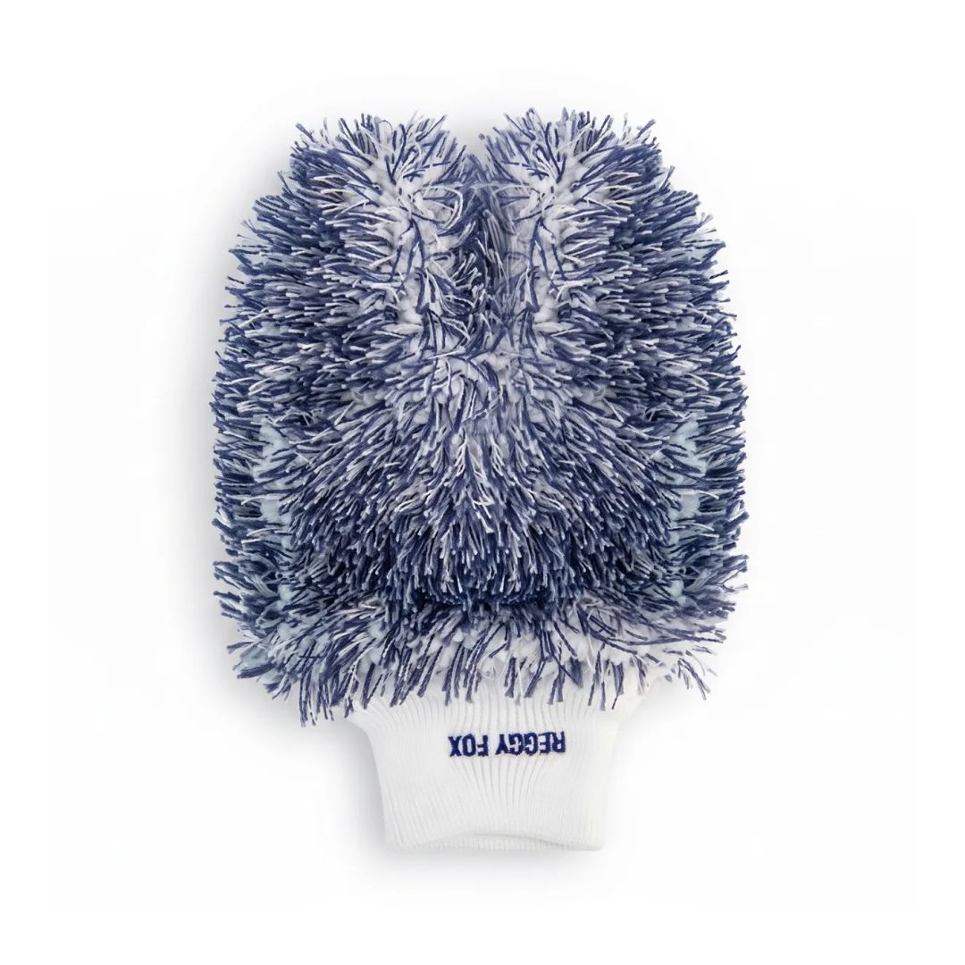 A car wash and wheel cleaning mitt glove from Labocosmetica with Reggy Fox, featuring a navy blue and white shaggy scrubber top on a white knit cuff.