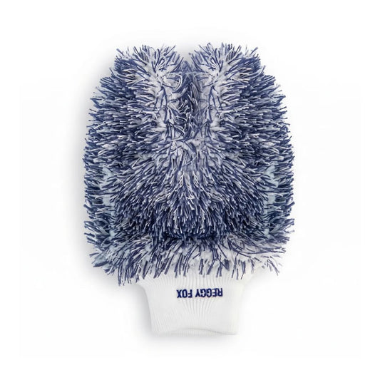 A car wash and wheel cleaning mitt glove from Labocosmetica with Reggy Fox, featuring a navy blue and white shaggy scrubber top on a white knit cuff.