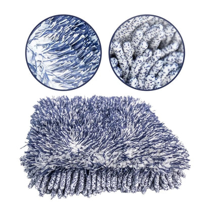 A blue and white shaggy microfibre wash pad shown on a white background, with two circular inset close-ups at the top highlighting the textured fiber strands.