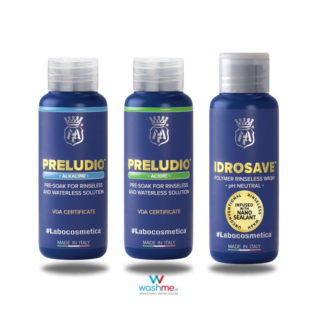 Labocosmetica Preludio is an alkaline pre-soak for Rinseless and Waterless products such as Idrosave and Maniac Waterless specifically for organic contamination such as traffic film, dirty wheels, insects and bugs, smog deposits, exhaust fumes, fuel traces and even difficult stains such as bird droppings, which a neutral product struggles to remove or needs longer time.&nbsp;