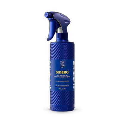 A blue spray bottle of Labocosmetica SIDERO Iron fallout and wheel cleaner, set against a plain white background.