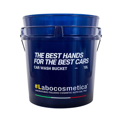 A 18L blue plastic car wash bucket with white text reading 'THE BEST HANDS FOR THE BEST CARS CAR WASH BUCKET 18L' and the brand name '#Labocosmetica' printed near the bottom, shown on a plain white background.