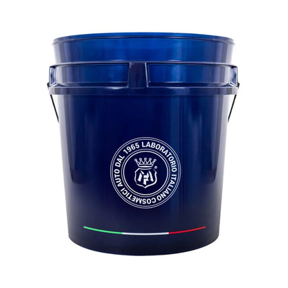 A dark blue plastic cosmetic bucket with a white circular logo reading '1965 Laboratorio Italiano Cosmesi' and a small green, white, and red stripe near the bottom, shown on a plain white background.