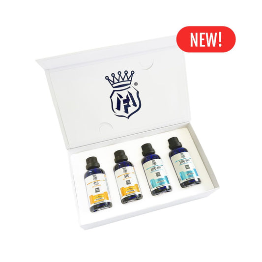 Set of four Labocosmetica ceramic coating bottles STC and HPC Pro with labels in a white box featuring a logo, with 'NEW!' label on top.