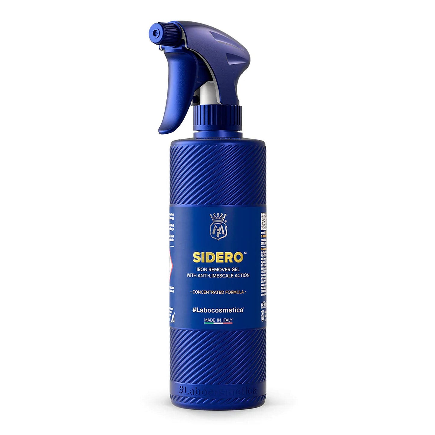 Labocosmetica SIDERO Iron Remover Gel 500ml with trigger. Blue bottle with blue trigger on white background