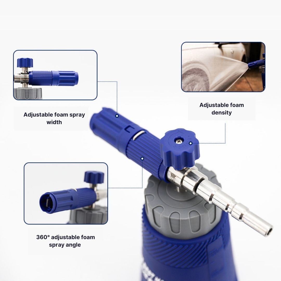 Blue adjustable foam cannon attachment on a pressure washer, with three inset callout boxes showing adjustable foam spray width, adjustable foam density, and 360-degree adjustable foam spray angle.