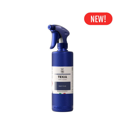 Blue spray bottle labeled 'Texia' with a 'New!' badge on a white background