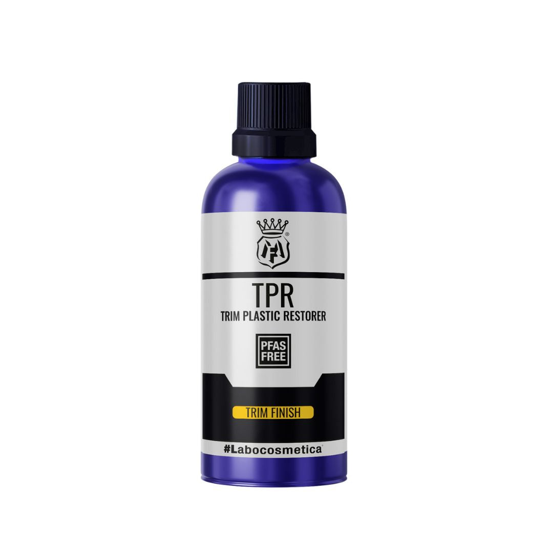 Bottle of TPR Trim Plastic Restorer with a white background