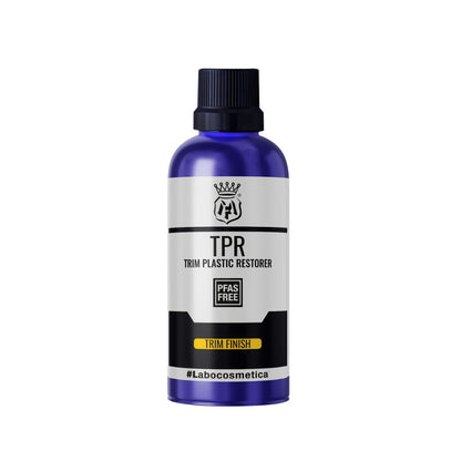 Bottle of TPR Trim Plastic Restorer with a white background