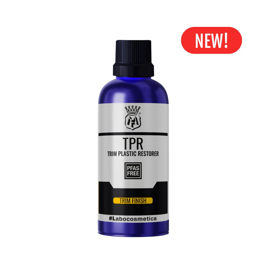 Bottle of TPR Trim Plastic Restorer with a 'New!' label on a white background