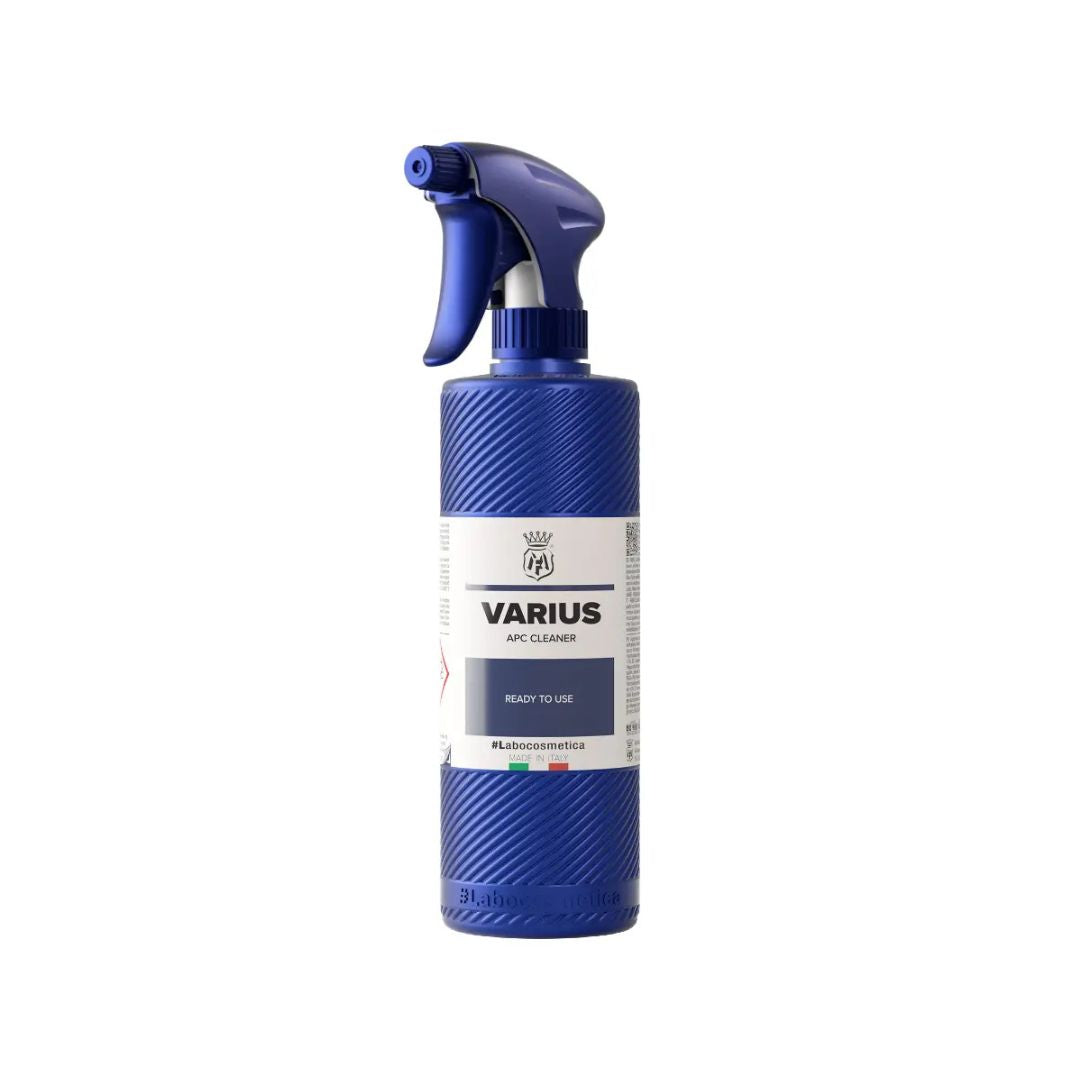 Blue spray bottle with 'Varius' branding on a white background
