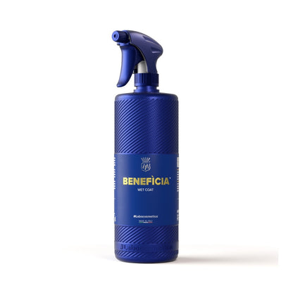 Blue Labocosmetica spray bottle labeled 'Beneficia Wet Coat' on a white background