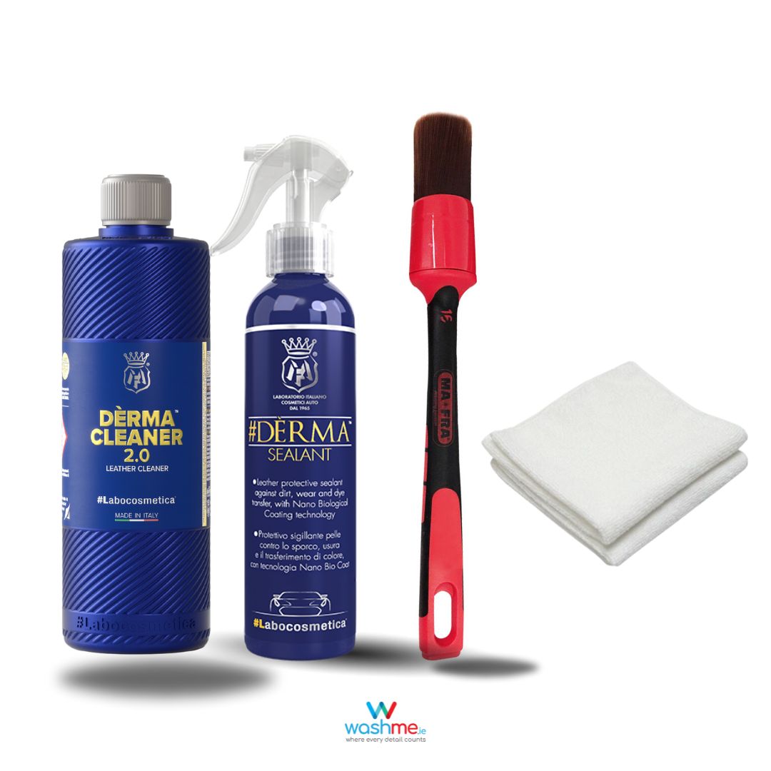 Labocosmetica Derma Leather Cleaner Kit. Leather cleaner, Leather conditioner and Leather Sealant. Leather brush and white microfibre cloth. washme Ireland. Labocosmetica Ireland