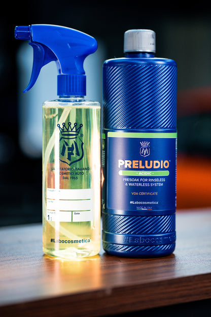 Labocosmetica Preludio is an acidic pre-soak for Rinseless and Waterless products such as Idrosave and Maniac Waterless specifically for mineral contamination such as limescale. Like DYI Rinseless