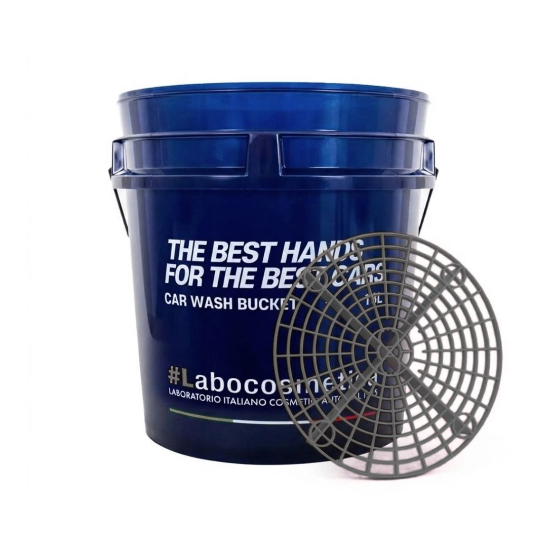 A dark blue plastic Labocosmetica car wash bucket with white text, shown alongside a black circular safety grit guard on a plain white background.