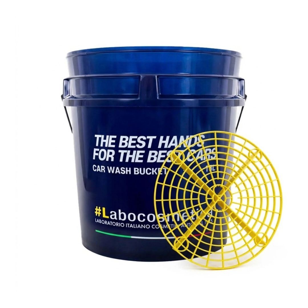 A dark blue plastic Labocosmetica car wash bucket with white text, shown alongside a yellow circular safety grit guard on a plain white background.