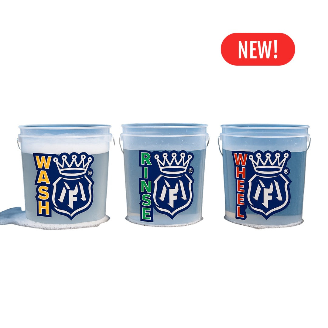 Three buckets labeled 'Wash', 'Rinse', and 'Wheel' with a brand logo on a white background. Labocosmetica buckets.