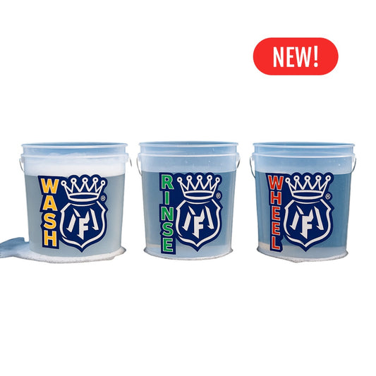 Three buckets labeled 'Wash', 'Rinse', and 'Wheel' with a brand logo on a white background. Labocosmetica buckets.