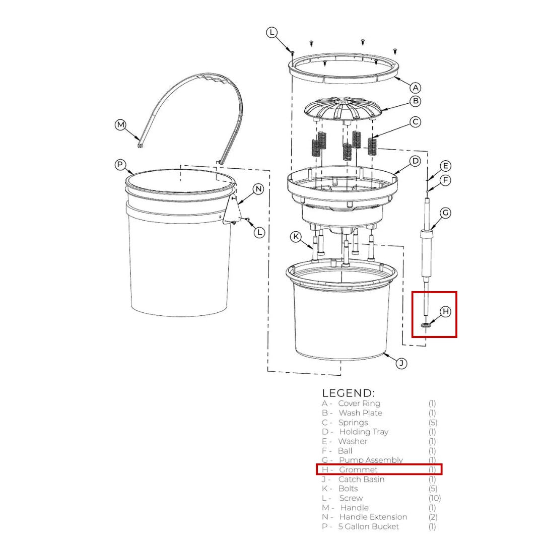 Technical diagram of Lake Country Replacement Gasket/Seal for System 4000 Polishing Pad Washer with labeled parts on a white background