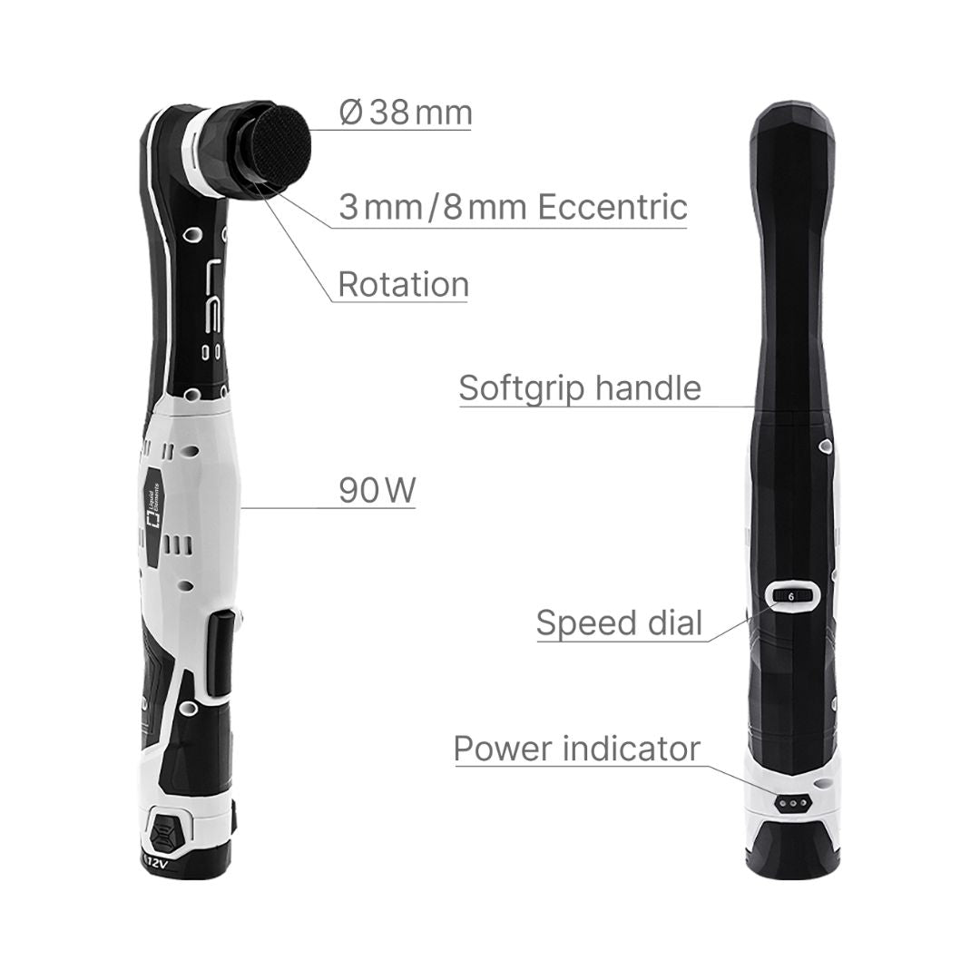 Black and white Liquid ELements A1000 polishing machine device with labeled features on a white background