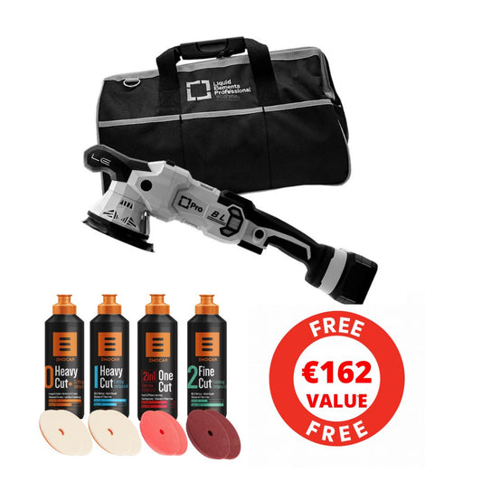 Tool kit with a black bag, cutting tool, and sanding discs on a white background.