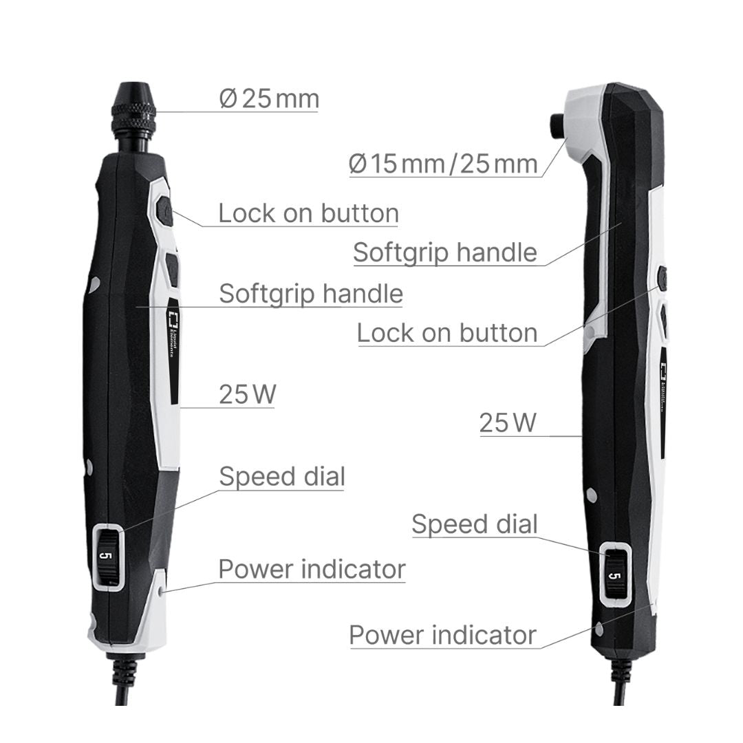 Black and white electric Liquid Elements A800 polisher set. Like Dreml with labeled parts on a white background