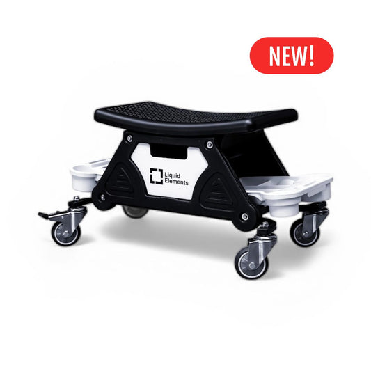 Adjustable step stool with a black platform and white base on a white background with new label. Liquid Elements Ireland