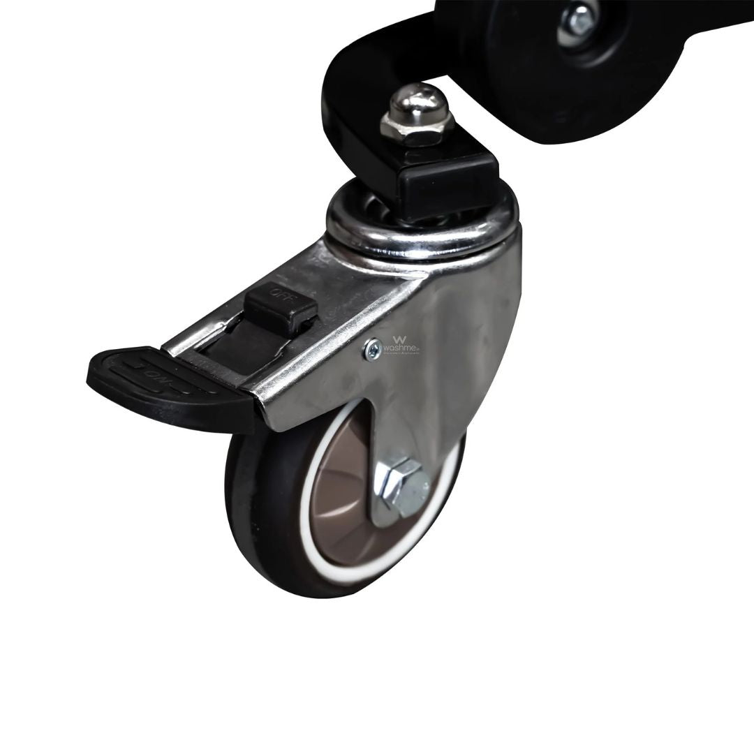 Close-up of a caster wheel with a metal bracket on a white background