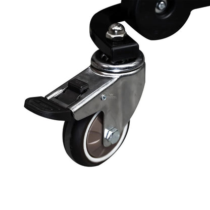 Close-up of a caster wheel with a metal bracket on a white background