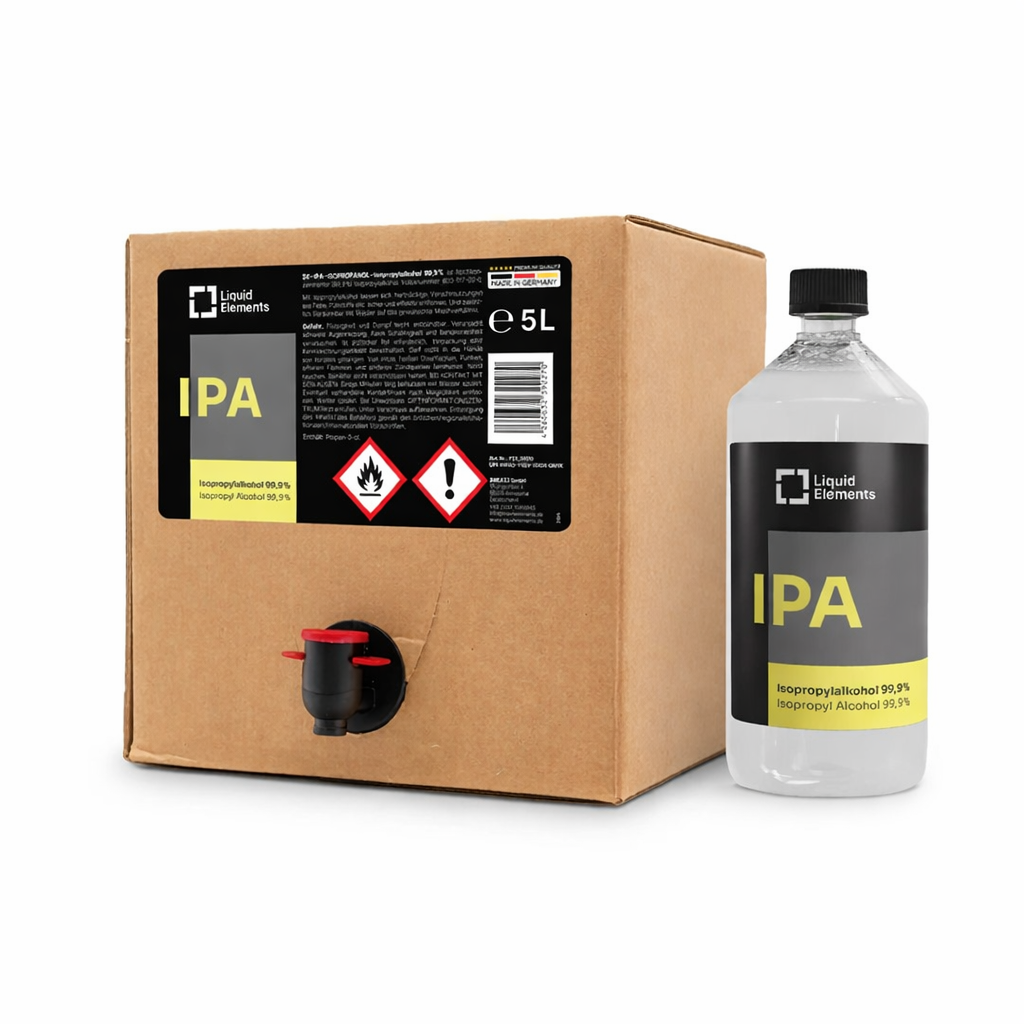 Liquid Elements IPA bottle and cardboard box on a white background