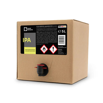 Cardboard box with a label for 5L of IPA on a white background