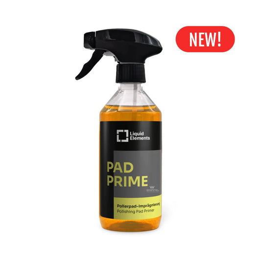 Spray bottle labeled Liquid Elements 'Pad Prime' with a black and yellow label on a white background.