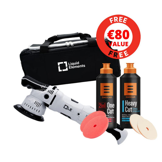 Car care tool set with a black bag, car polisher, and two bottles of 'ShoCar' products on a white background.