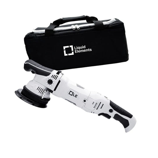 Liquid Elements T4200 - 15mm Orbit Dual Action Polisher Polishing machine with black carrying case featuring 'Liquid Elements' logo on a white background