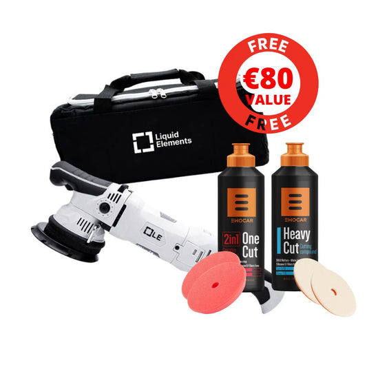 Car care tool set with a polisher, sanding discs, and two bottles of 'ShoCar' products on a white background.