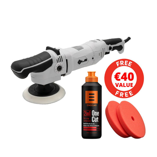 Polishing machine with a bottle of '2in1 One Cut' and two red buffs on a white background.