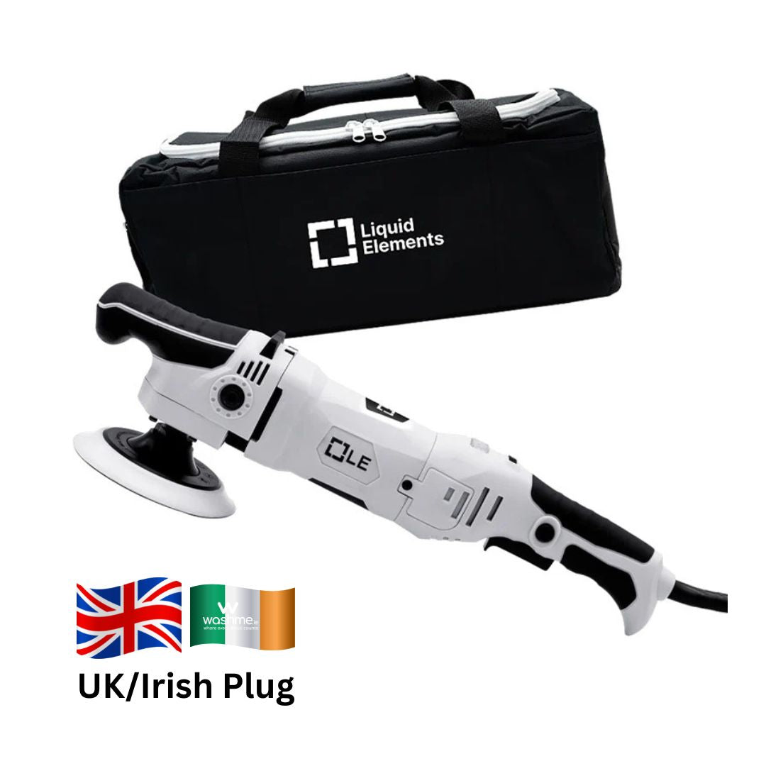 Polishing machine with black carrying case and 'Liquid Elements' branding on a white background.