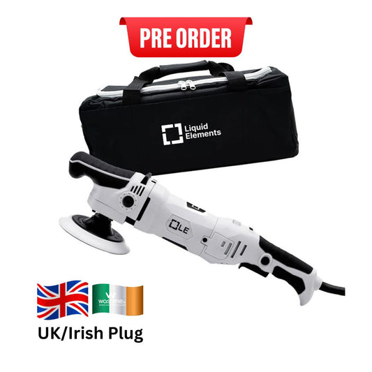 Polishing machine with black carrying case and 'Liquid Elements' branding on a white background.