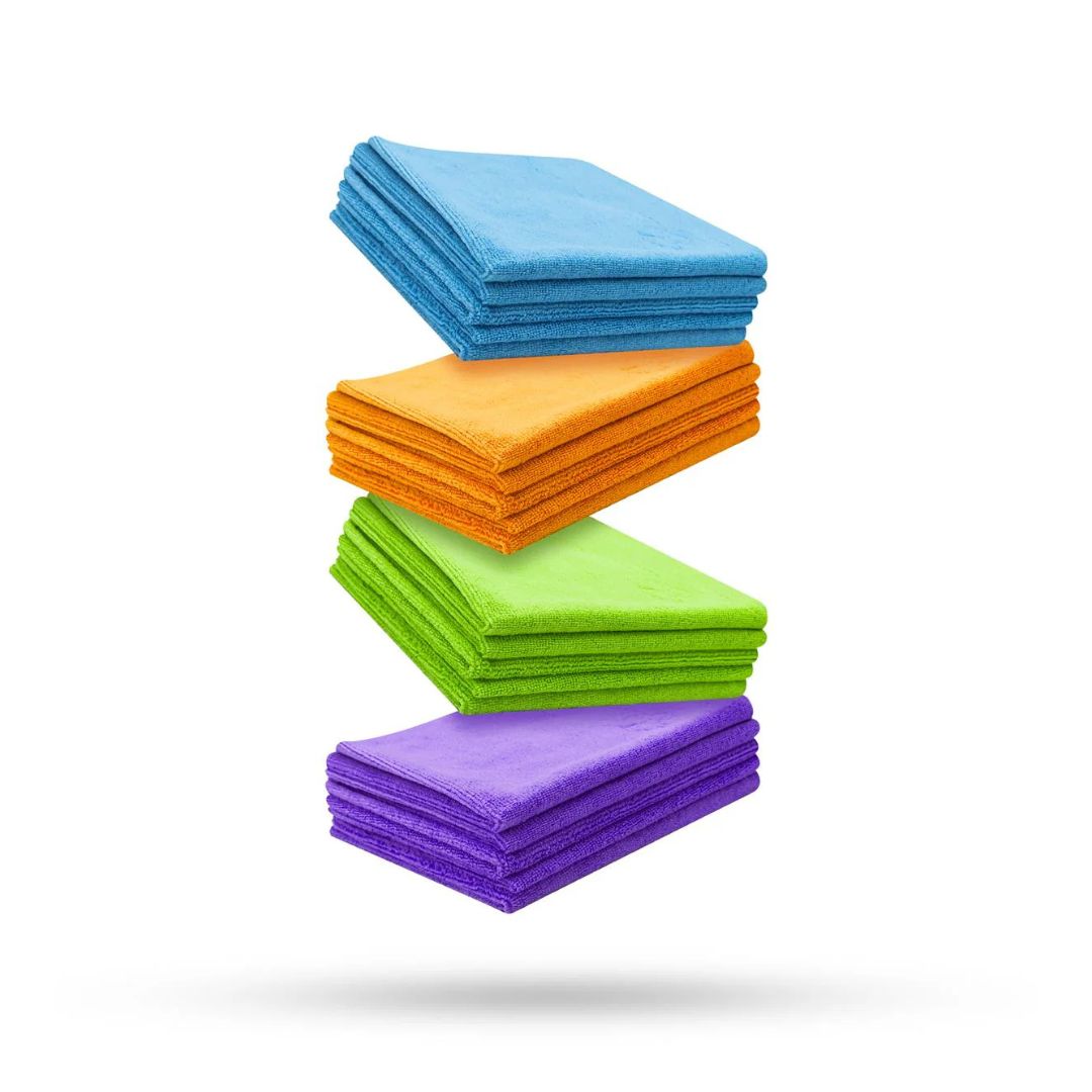 Stack of colourful Liquid Elements Value microfibre cloths on a white background