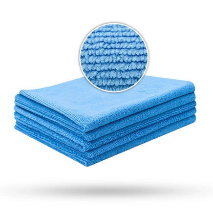 Stack of blue Liquid Elements Value microfibre cloths with a close-up of the fabric texture on a white background.