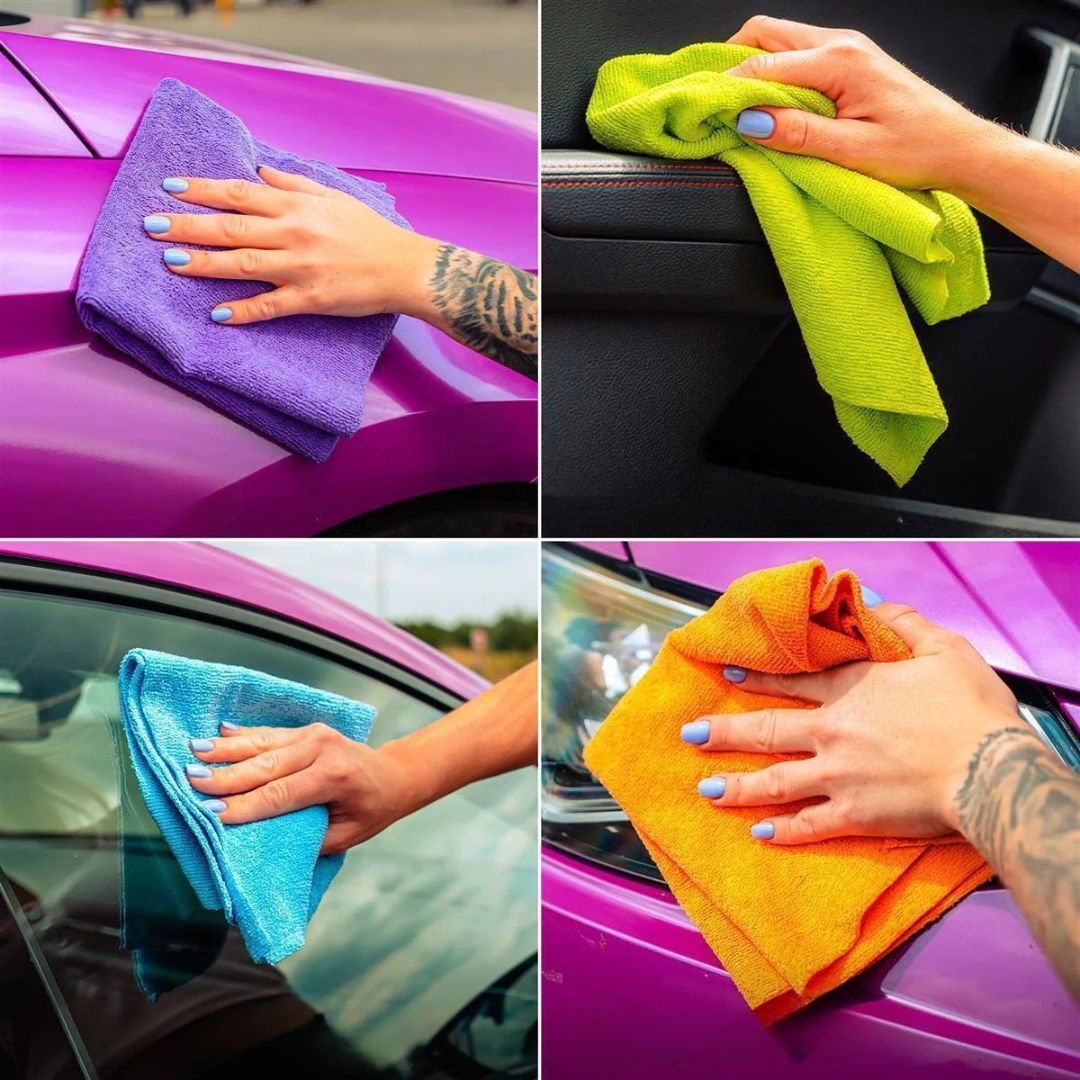Collage of hands cleaning a car with microfiber cloths in various colors.