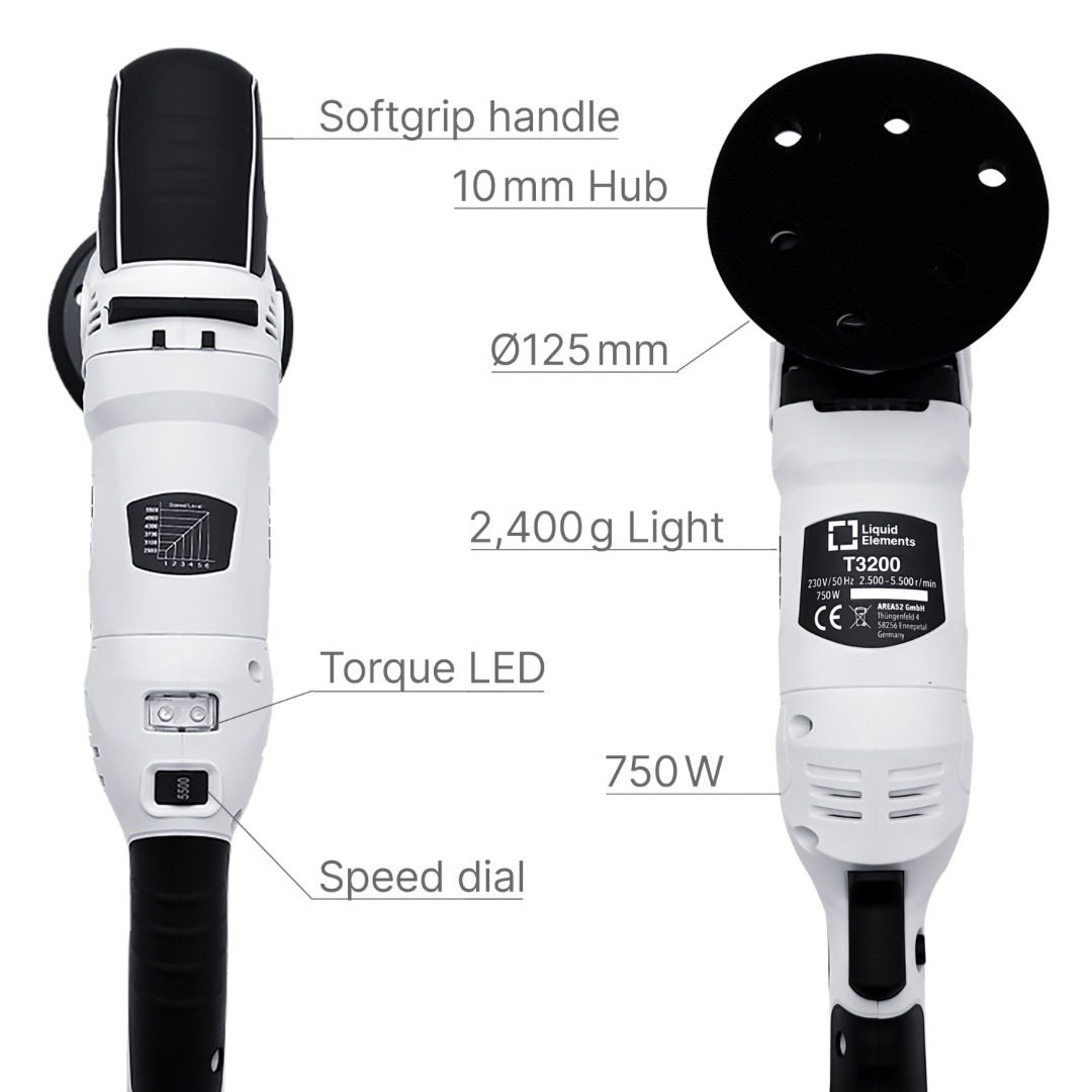 White and black cordless Liquid Elements T3200 polishing machine with a 10 mm disc hub, shown from the front and back with labeled callouts including softgrip handle, 10 mm hub, Ø125 mm disc, 2,400 g light, torque LED, speed dial, and 750 W.