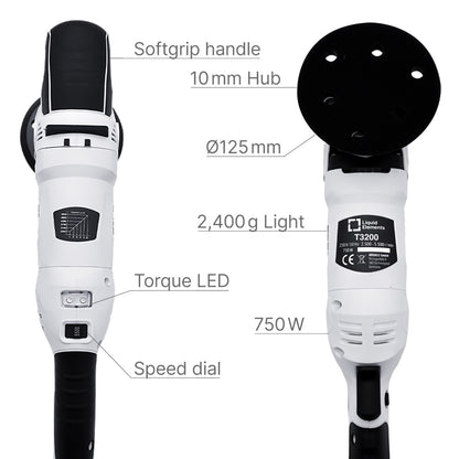 White and black cordless Liquid Elements T3200 polishing machine with a 10 mm disc hub, shown from the front and back with labeled callouts including softgrip handle, 10 mm hub, Ø125 mm disc, 2,400 g light, torque LED, speed dial, and 750 W.