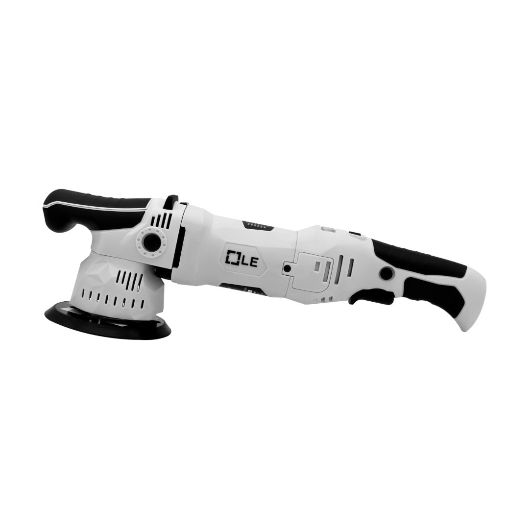 A white and black cordless Liquid Elements T3200 polisher with a circular sanding disc attachment, shown from a side profile on a solid white background.