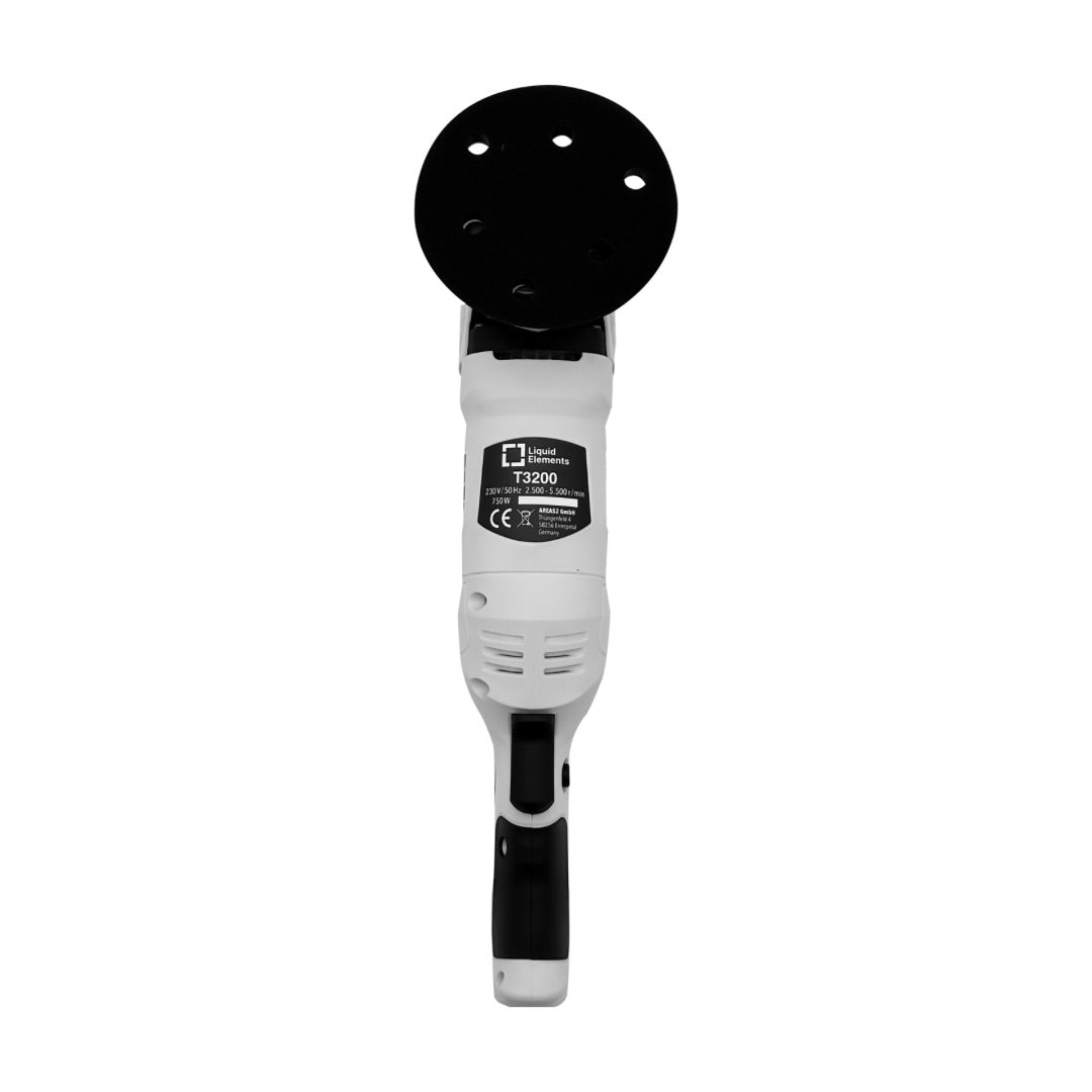 A cordless electric Liquid Elements T3200 with a black circular cutting disc and a white and black handle, shown against a plain white background.