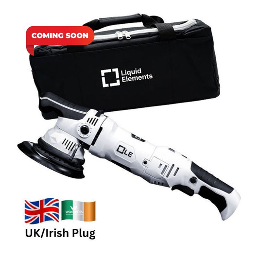 Liquid Elements T5200 - 21mm Orbit Dual Action Polisher with black carrying case and 'Coming Soon' label