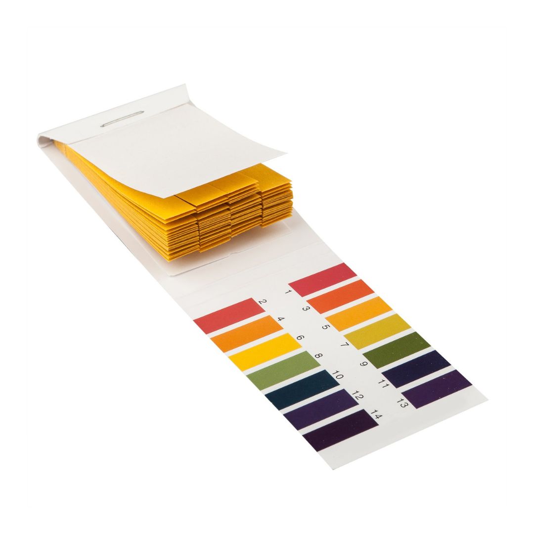 pH test strips with color chart on a white background. Strips pH 1-14 Test Paper Extensive Test Paper Litmus Test Paper pH Test for Saliva Water Soil Testing Pet Food and Diet pH Monitoring