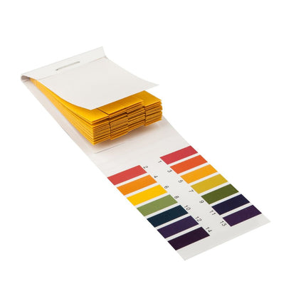 pH test strips with color chart on a white background. Strips pH 1-14 Test Paper Extensive Test Paper Litmus Test Paper pH Test for Saliva Water Soil Testing Pet Food and Diet pH Monitoring