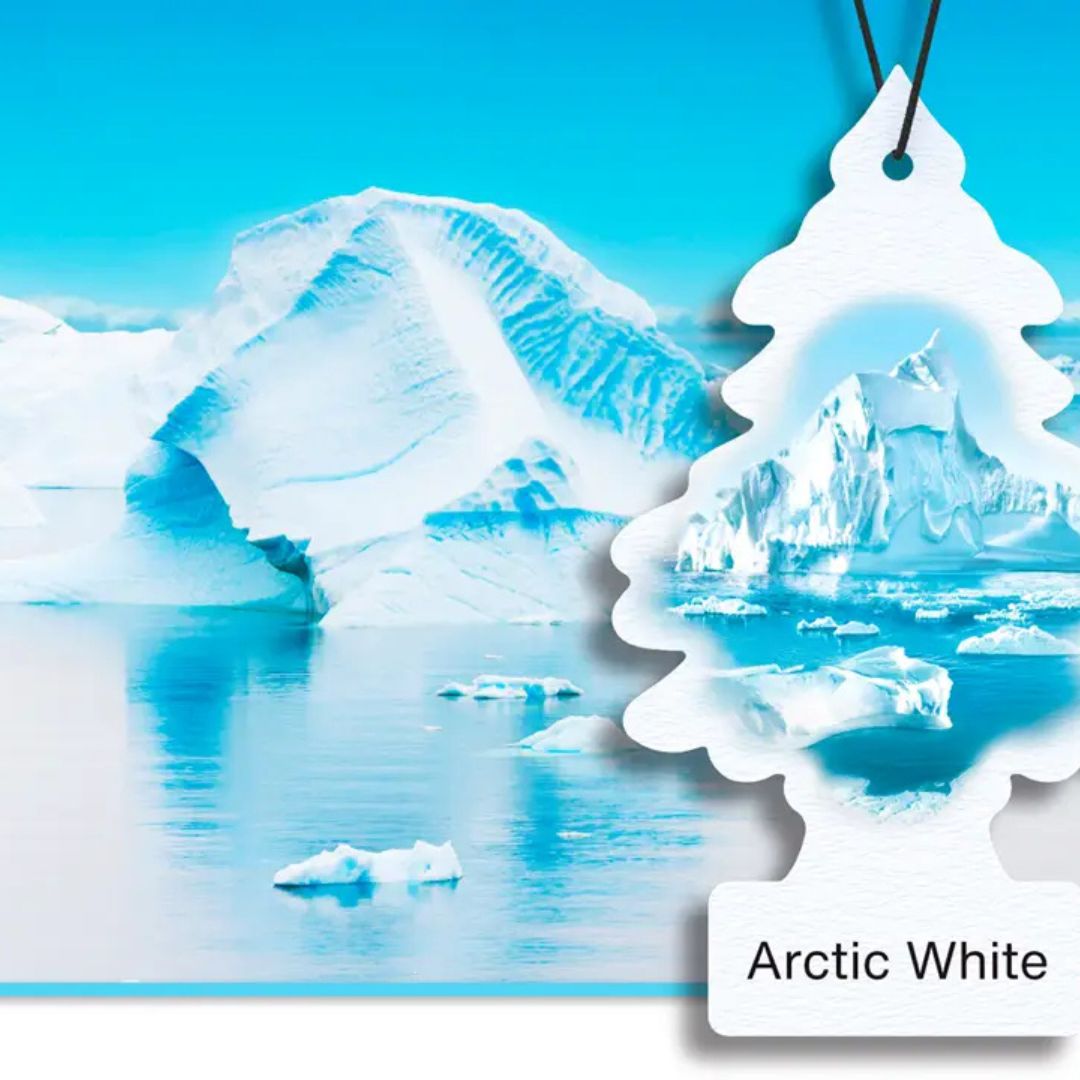 Car air freshener Litte Trees Ireland with iceberg design and 'Arctic White' label.